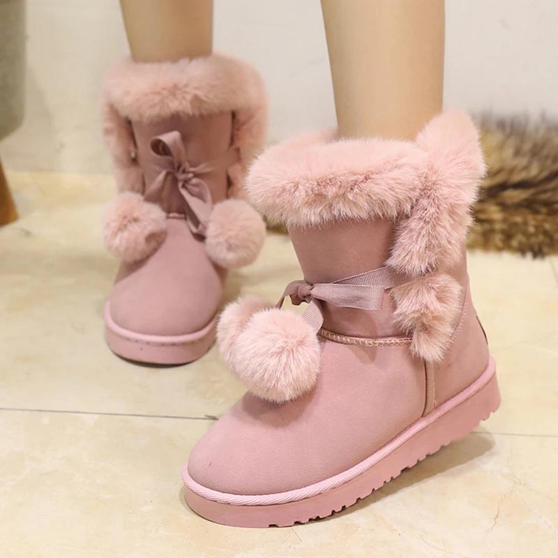 Fashion Sweet Pink Furry Non Slip Snow Boots Women 2025 Winter Warm Fluffy Fur Flats Ankle Boots Cute Pom-Pom Designer Girl's Shoes 41