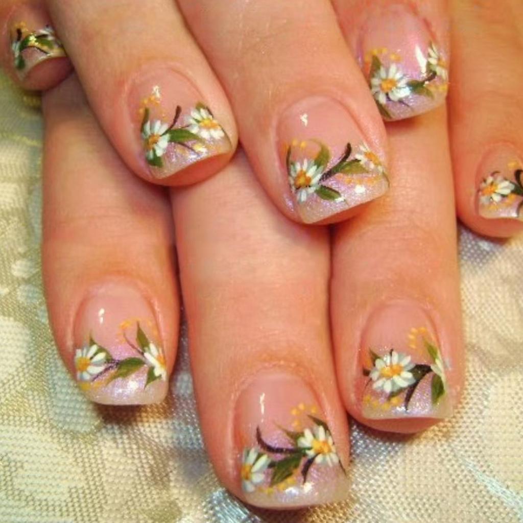 24 Stück French Tip Aufdrücknägel Kurz Quadratisch Falsche Nägel Blumen Acrylnagel Glitzernd Vollabdeckung Aufklebenagel