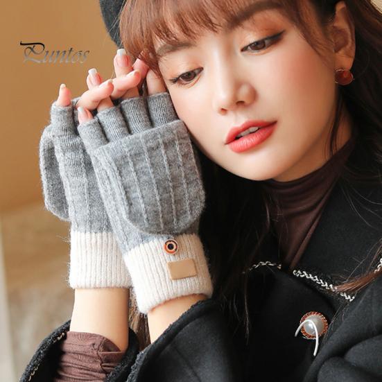 1 Paar Winterhandschuhe für Damen mit umklappbarer Abdeckung, dicke gestrickte, elastische Anti-Rutsch-Handschuhe, Kontrastfarbe, Wärmedämmung, fingerlose Handschuhe für