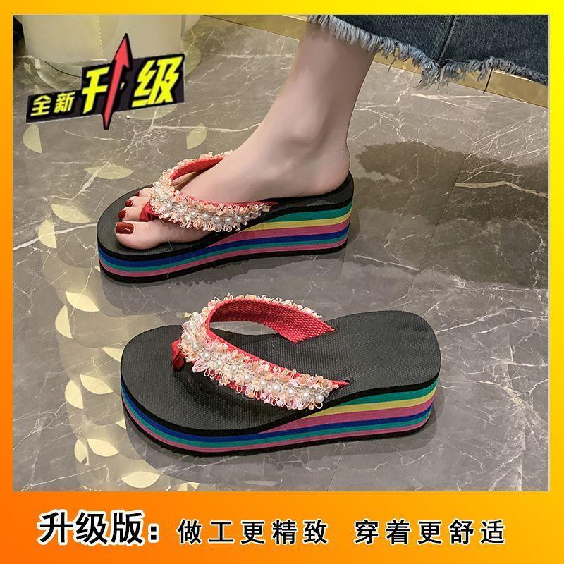 Pinch slippers versatile slippers beach slippers women's 2025 summer and autumn new thick-soled herringbone wedges