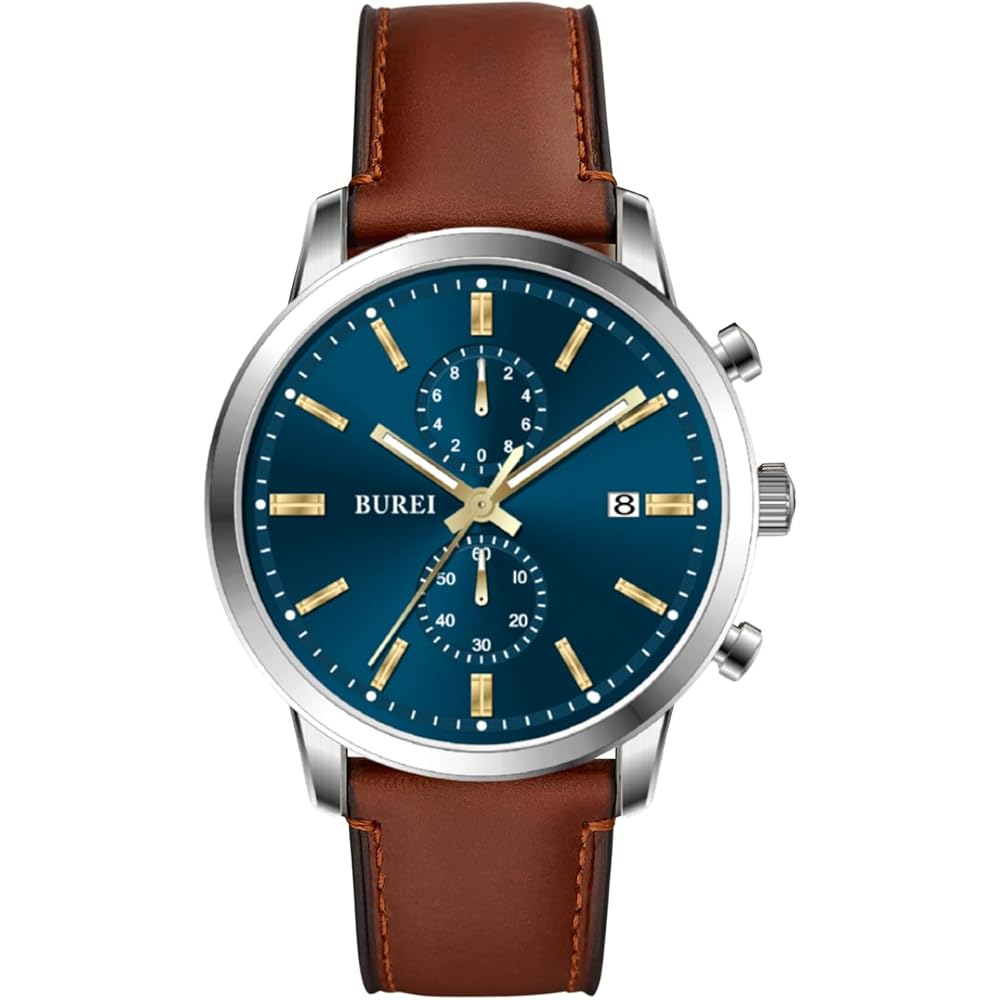 BUREI Men s Analog Quartz Watch Brown Leather Strap Waterproof Lightweight Business Casual Silver