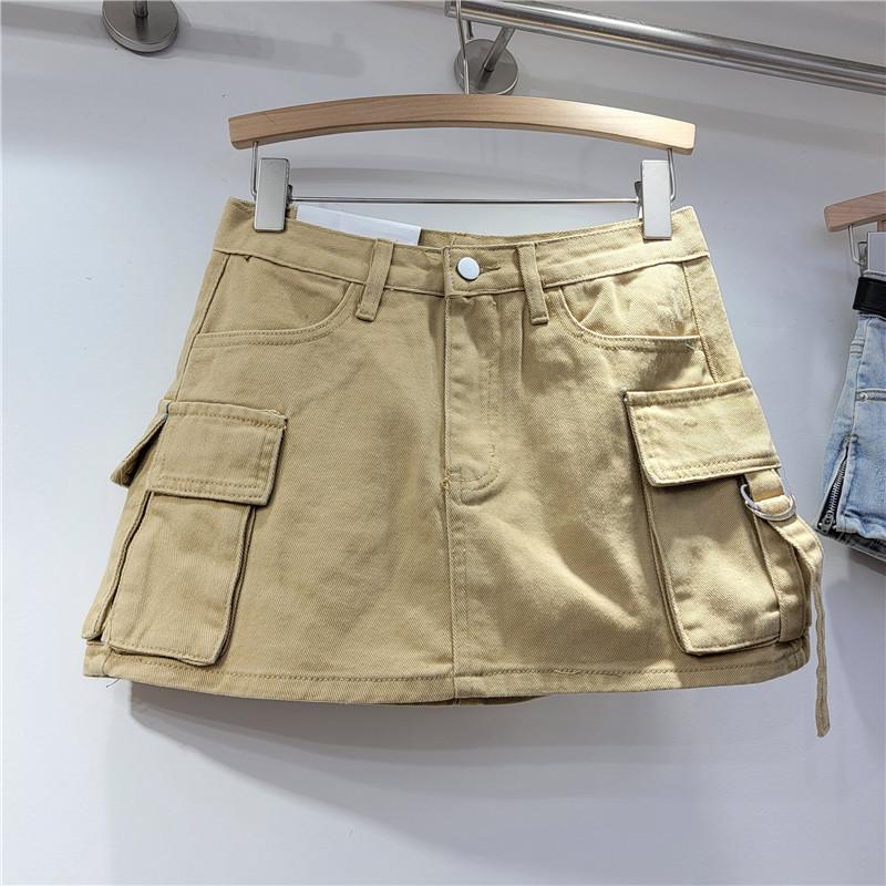 European station summer new denim skirt women's thin tooling pockets high waist anti-light A-word skirt