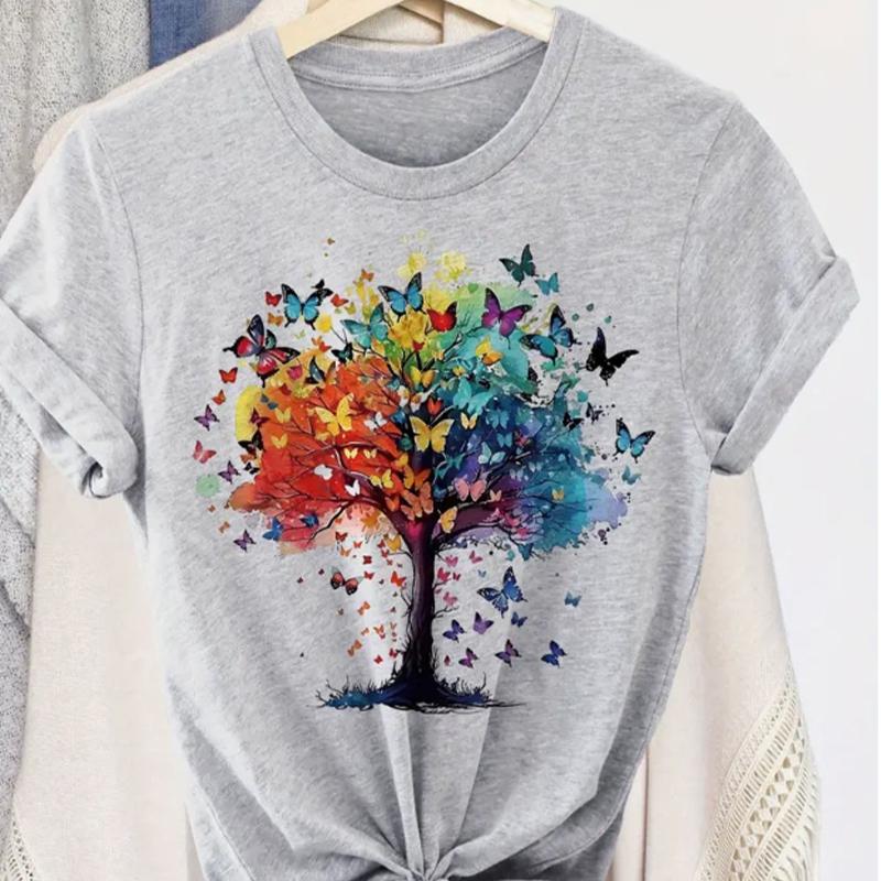 

Модная женская футболка с красочным принтом «Дерево-бабочка», забавная повседневная футболка с короткими рукавами и круглым вырезом, летняя женская футболка 8XL серый