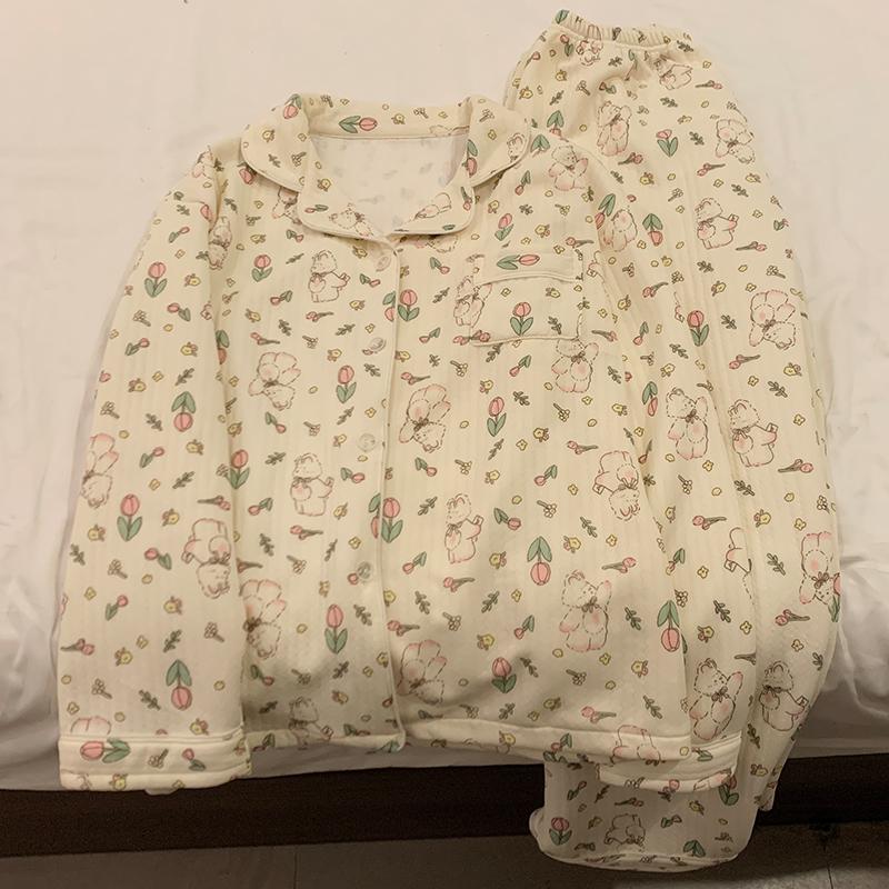 Rabbit Tulip Flower Print Sweet Cute Two Pieces Women's Pajamas Lapel Neck Button Design Pajamas Women French Sleepwear