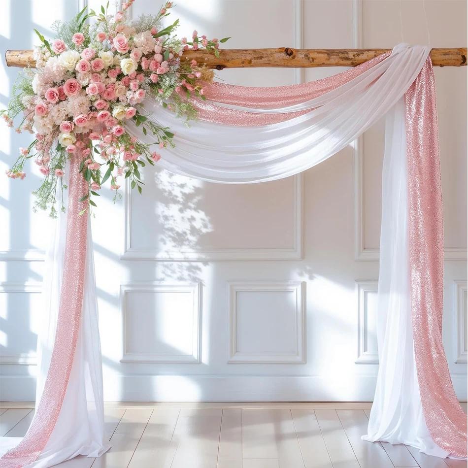 3/10M Sequin Szyfon Kolokacja Bieżnik na Stół Łuk Weselny Szyfonowe Przezroczyste Zasłony do Dekoracji Tła Imprezy Urodzinowej Baby Shower