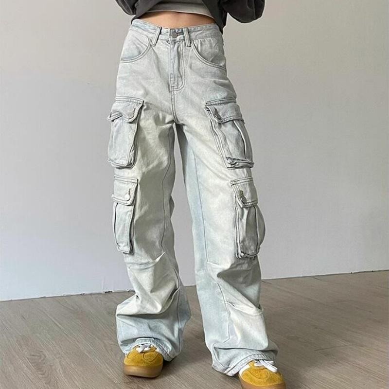 Toamna și iarna, blugi cargo pentru femei, stil american, stradal, pantaloni cargo largi, blugi largi cu mai multe buzunare, blugi albaștri pentru femei