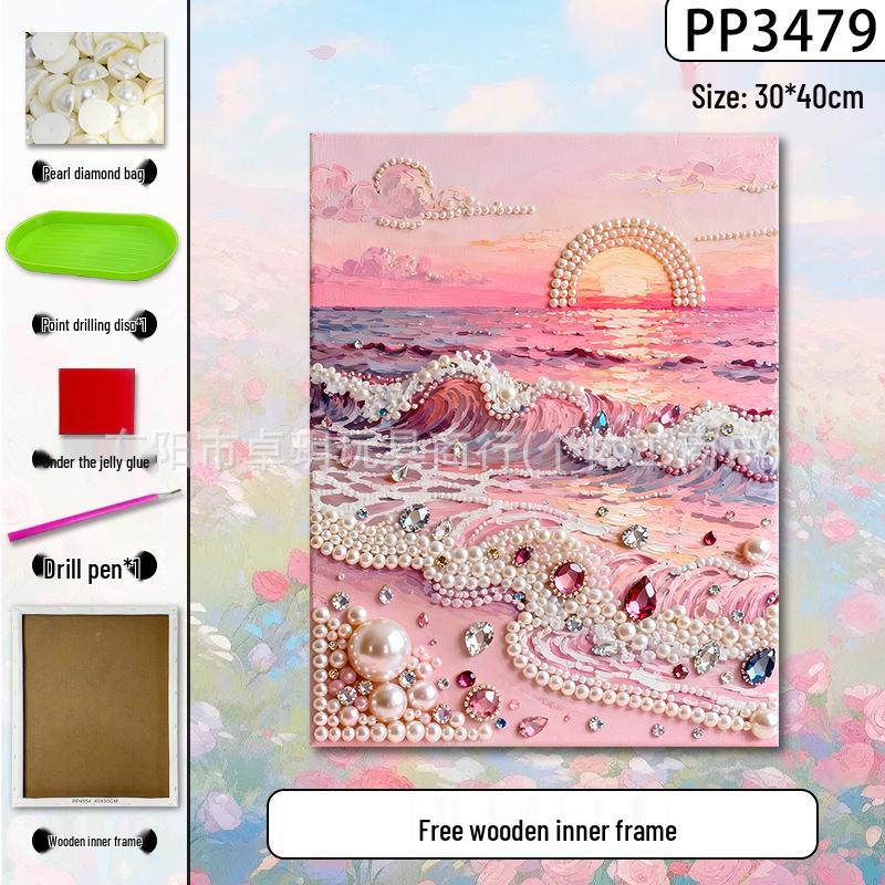 Handmade 3D Pearl Cross-Stitch Castle with Starry Sky Stickers and Indoor Decorative Frame