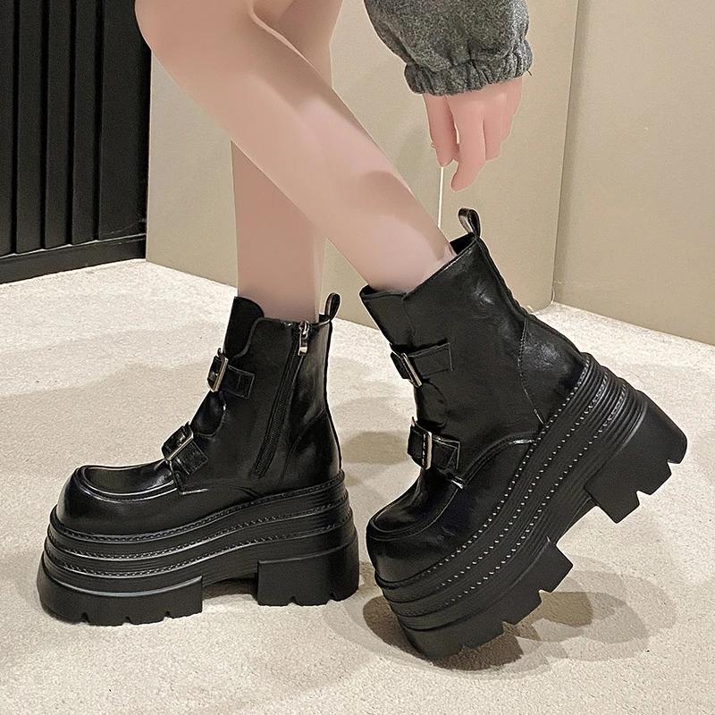 Fashion New Women's Leather Ankle Boots Autumn Winter 10CM Heels Chunky Sneakers Short Boots Woman Zip Motorcycle High Platform Botas