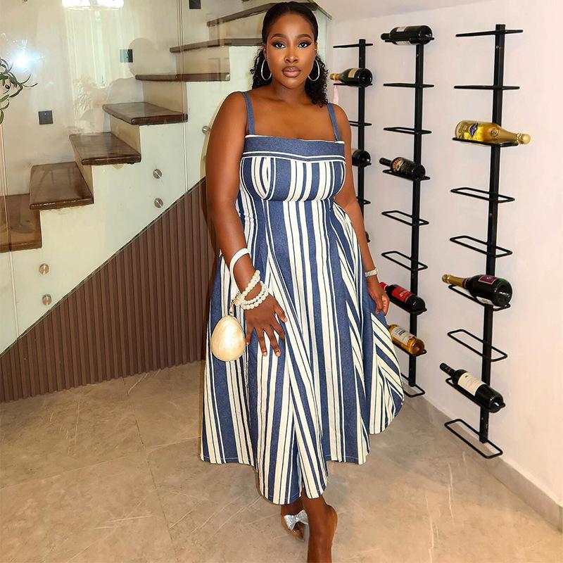 In Stock, European and American Women's Clothing Summer New Fashionable and Elegant Suspender Tube Top Striped Pendulum Dress