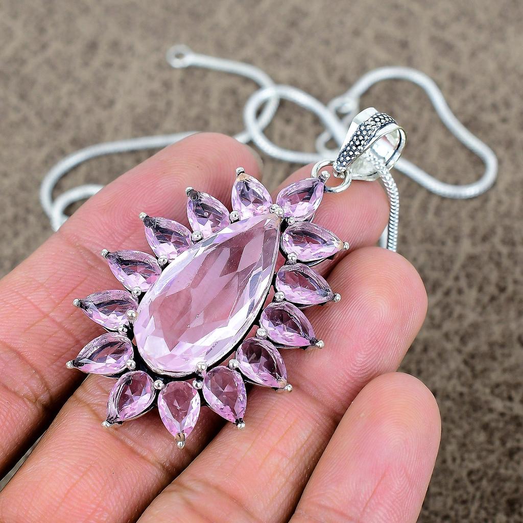 Pink Kunzite Gemstone Handmade 925 Sterling Silver Jewelry Pendant 2.48" KKG-288