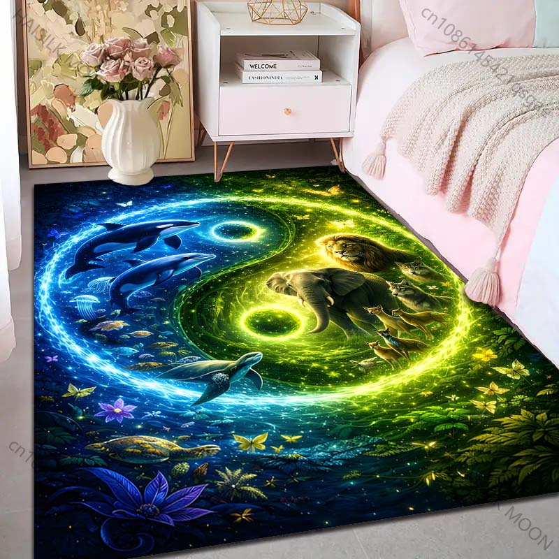 Multiple Sizes Yin Yang with Land and Sea Animals Carpet for Living Room Bedroom Sofa Home Decor Rus Non-slip Floor Mat