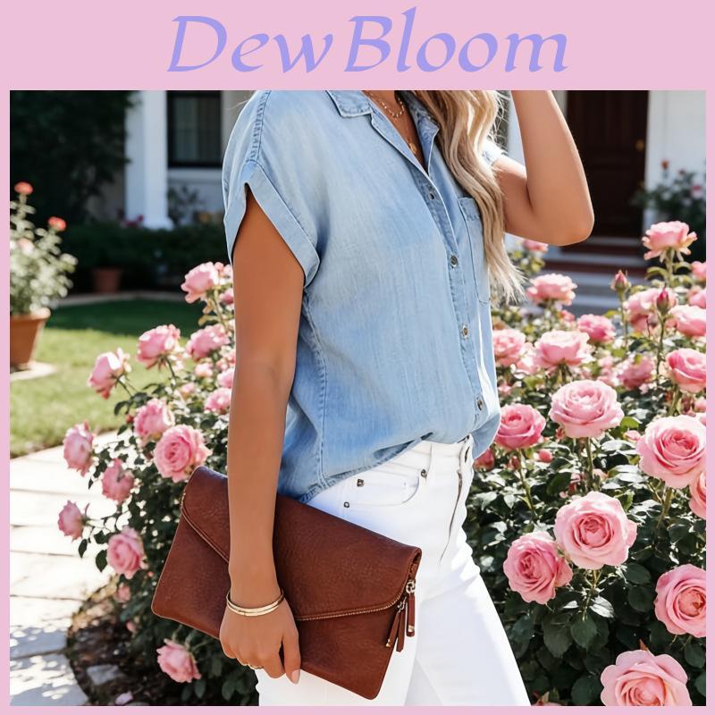 Camicia di Jeans da Donna con Collo a Revers Manica Corta Top Estivo Casual