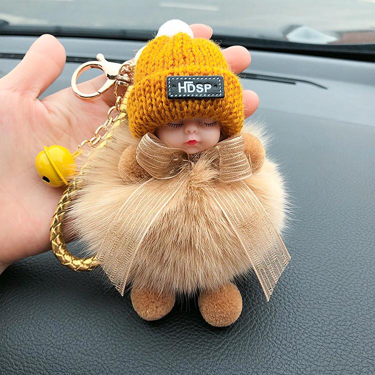 Korean Bow Keychain: Squinting Doll with Fox Fur Pendant - A Unique Japanese and Korean Gift