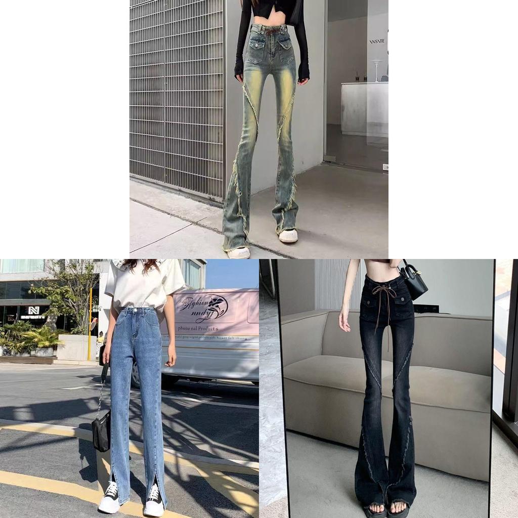 Kadınlar İçin Kalın Kot Kumaşlı ve Retro Yıkamalı Yüksek Bel İspanyol Paça Kot Pantolon - Günlük Giyim İçin