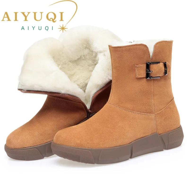 Botas de nieve para mujer, de piel auténtica, de lana natural, botas de invierno para mujer, botines cálidos de cuña de gran tamaño para mujer