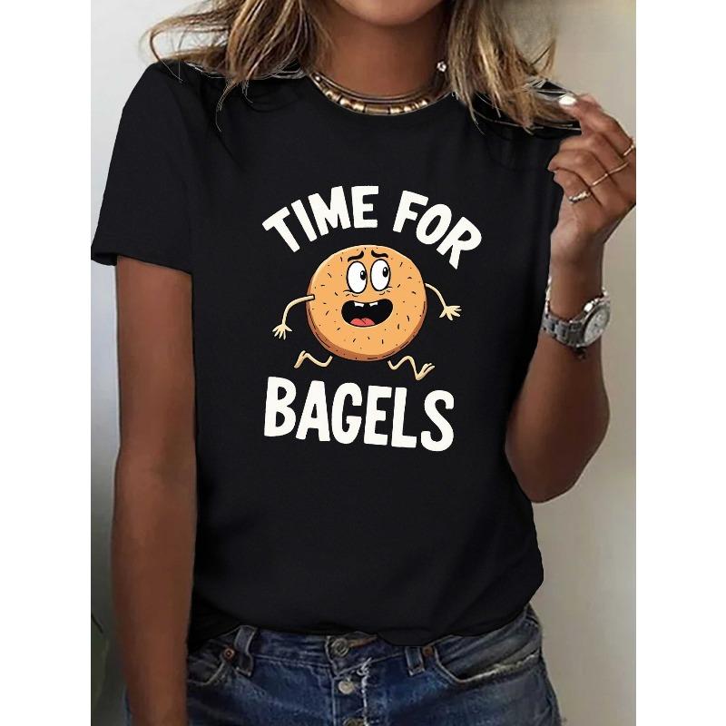 

Европейские размеры Женская розовая футболка Time for Bagels с мультяшным дизайном - Милый дизайн с бейглом и ломтиком сыра с улыбающимся лицом, повседневная футболка с коротким рукавом S чёрный
