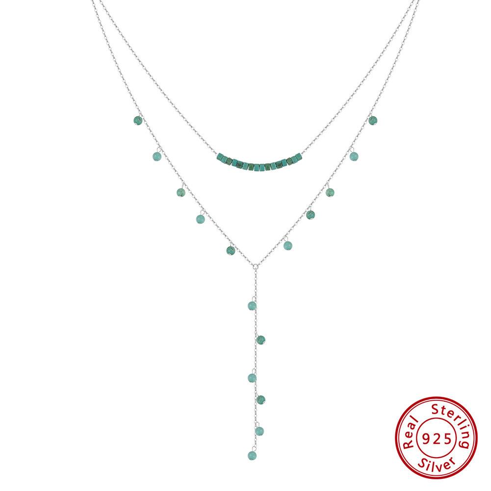 S925 Sterling Silver Two Layers Chain Layering Y-shape Turquoise Sweater Chain Necklace for Women Party Gift Necklace Jewelry