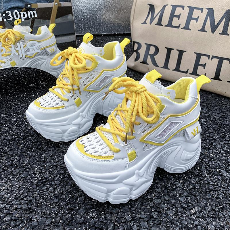 Fashion 9CM New 2025 Chunky Leather Sneakers Summer Casual Vulcanized Shoes Woman High Platform Breathable Mesh Sneakers Sport Dad Shoes