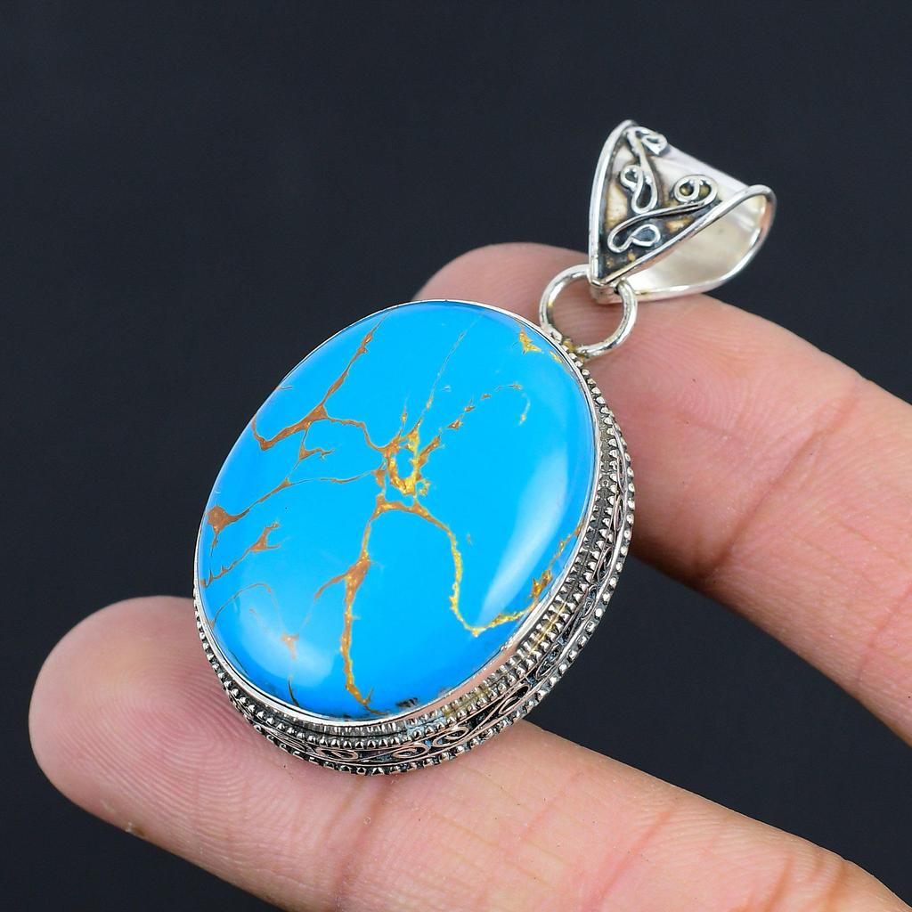 Daughters Day Sale Copper Blue Turquoise Gemstone 925 Sterling Silver Pendant