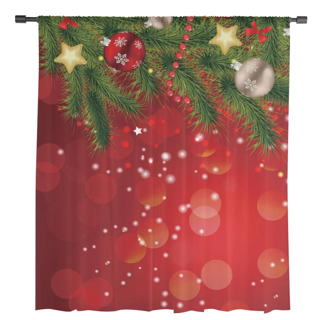 Christmas Tree Snowflakes Bow Red Dots Chiffon Sheer Curtains for Living Room Bedroom Decoration Window Voiles Tulle Curtain