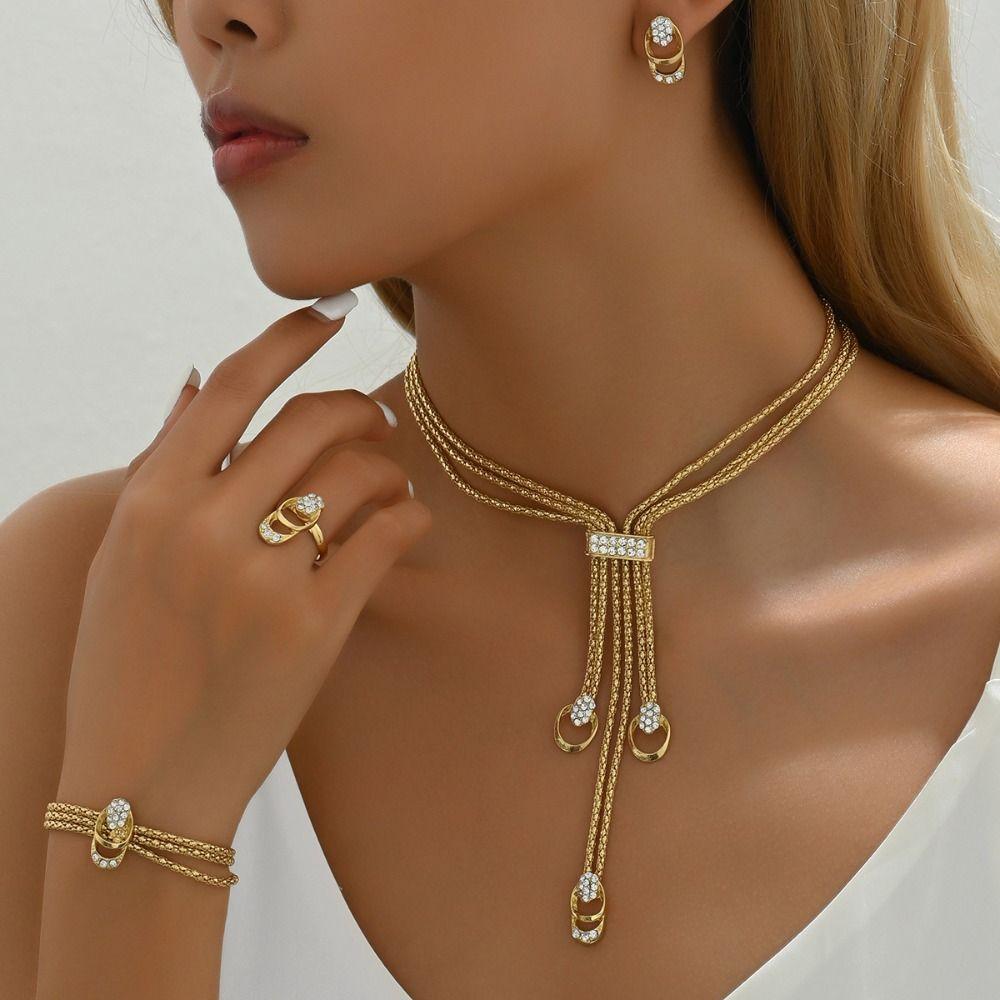 5Pcs Earrings Rhinestone Jewelry Suit Geometric Bracelet Chain Set Tassel Necklace Suit  Party