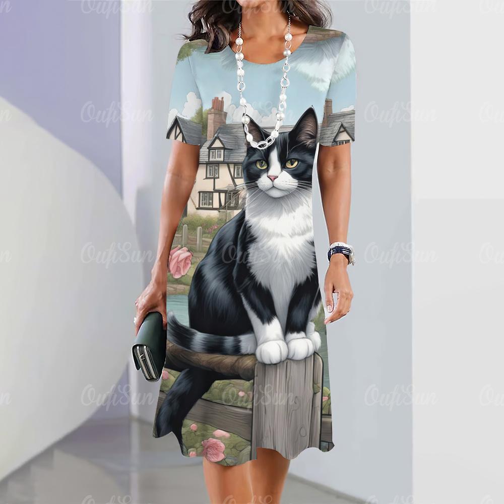 

Нові жіночі сукні з мультяшним принтом кота, літні, елегантні, з коротким рукавом, модний одяг великого розміру L