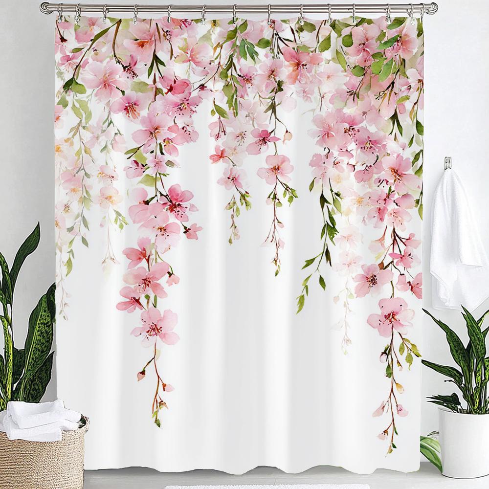 Watercolor Botanical Floral Leaf Shower Curtain, Floral Bathroom Decorative Shower Curtain, Print Fabric Home Curtain with Hooks