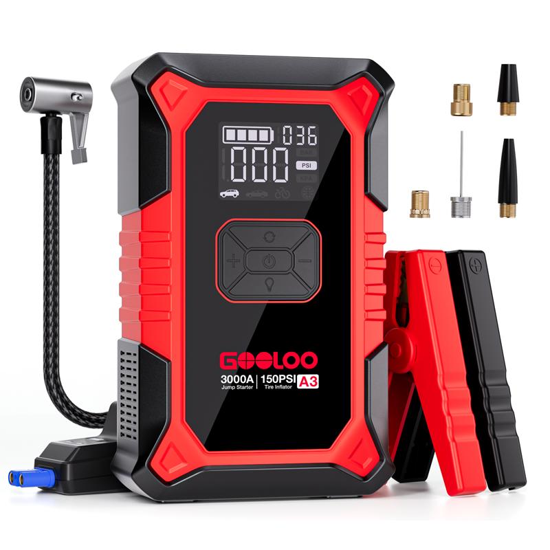 GOOLOO A3 Jump Starter with Air Compressor, 3000A Portable Car Battery Booster (9.0 Gas/6.5L Diesel) with 150PSI Auto-Shutoff Ti A3