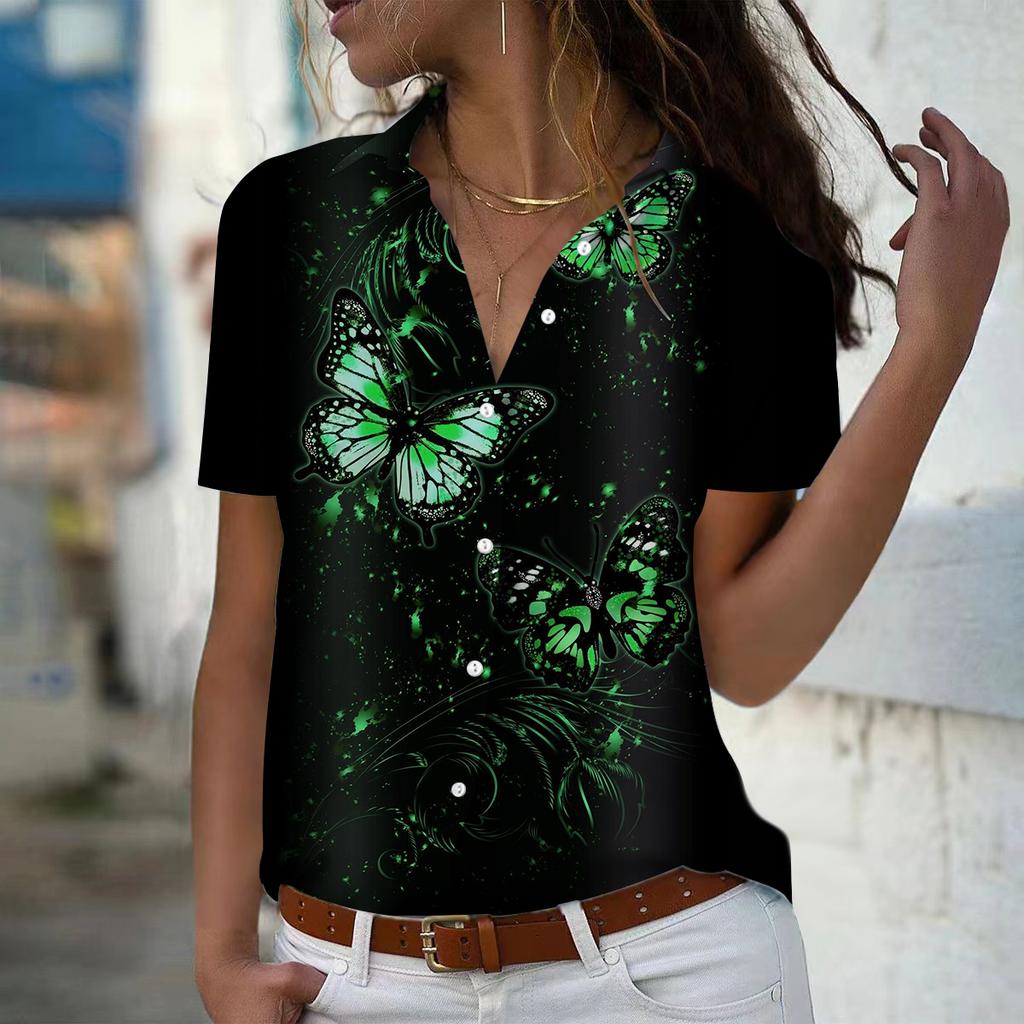 2025 Summer New Fashion Women's Butterfly Printed Short Sleeve V-neck Casual Button-down Shirt Top