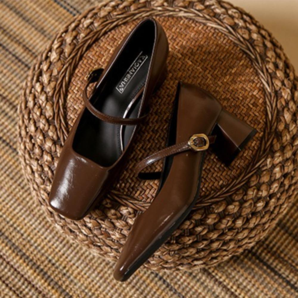 Fashion Mary Jane Shoes Vintage Mary Jane Leather Shoes with Light Mouth Single Shoes Women's Square Head Thick Heel High Heels