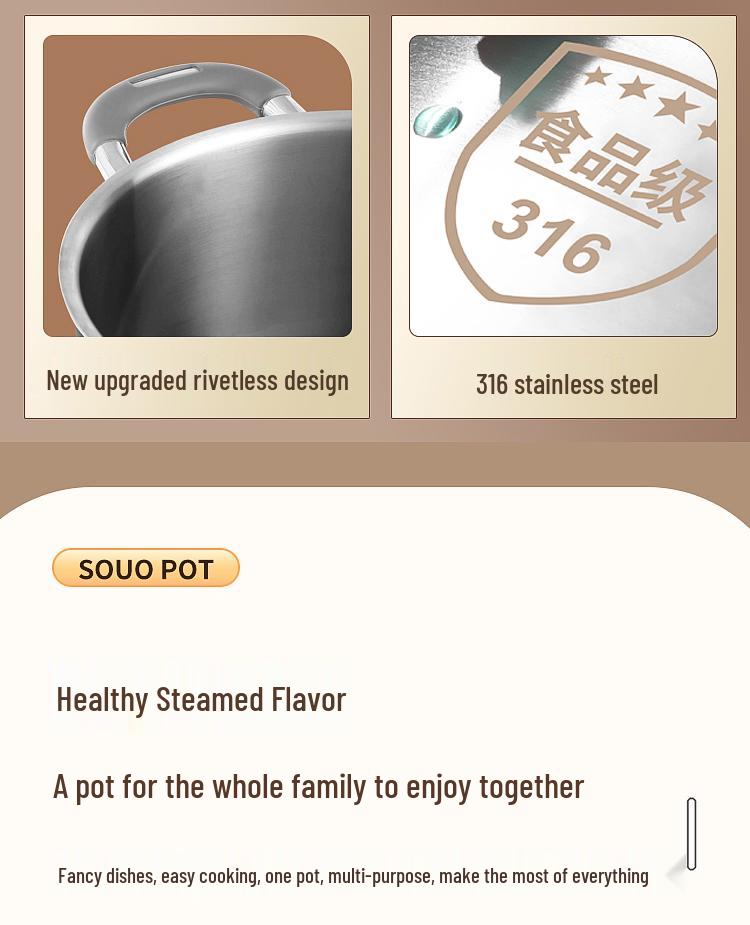 Extra-High 316L Stainless Steel Steamer Pot, Rivet-Free, Anti-Scald, Large Capacity for Porridge/Soup