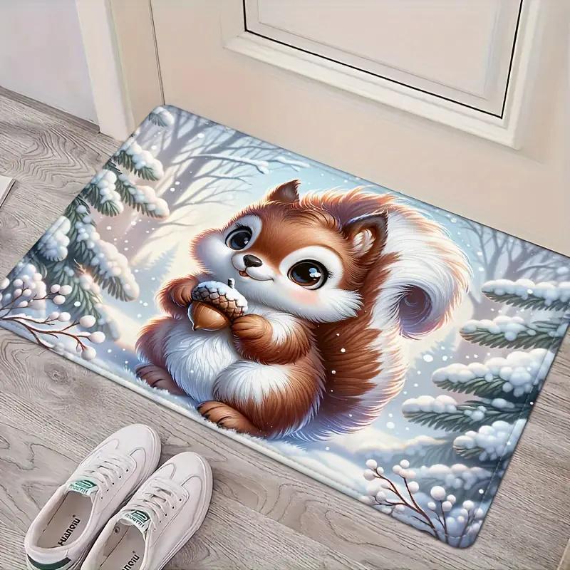 Christmas Squirrel Welcome Mat Non Slip Floor Carpet Bedroom Kitchen Door Mat Indoor and Outdoor Carpet Home Decoration Carpet