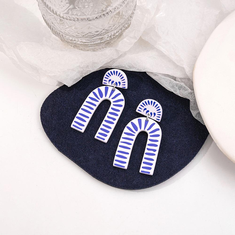 Chinese Style Blue and White Porcelain Earrings Wave Point Elegant Geometric Earrings  Lady/Gifts