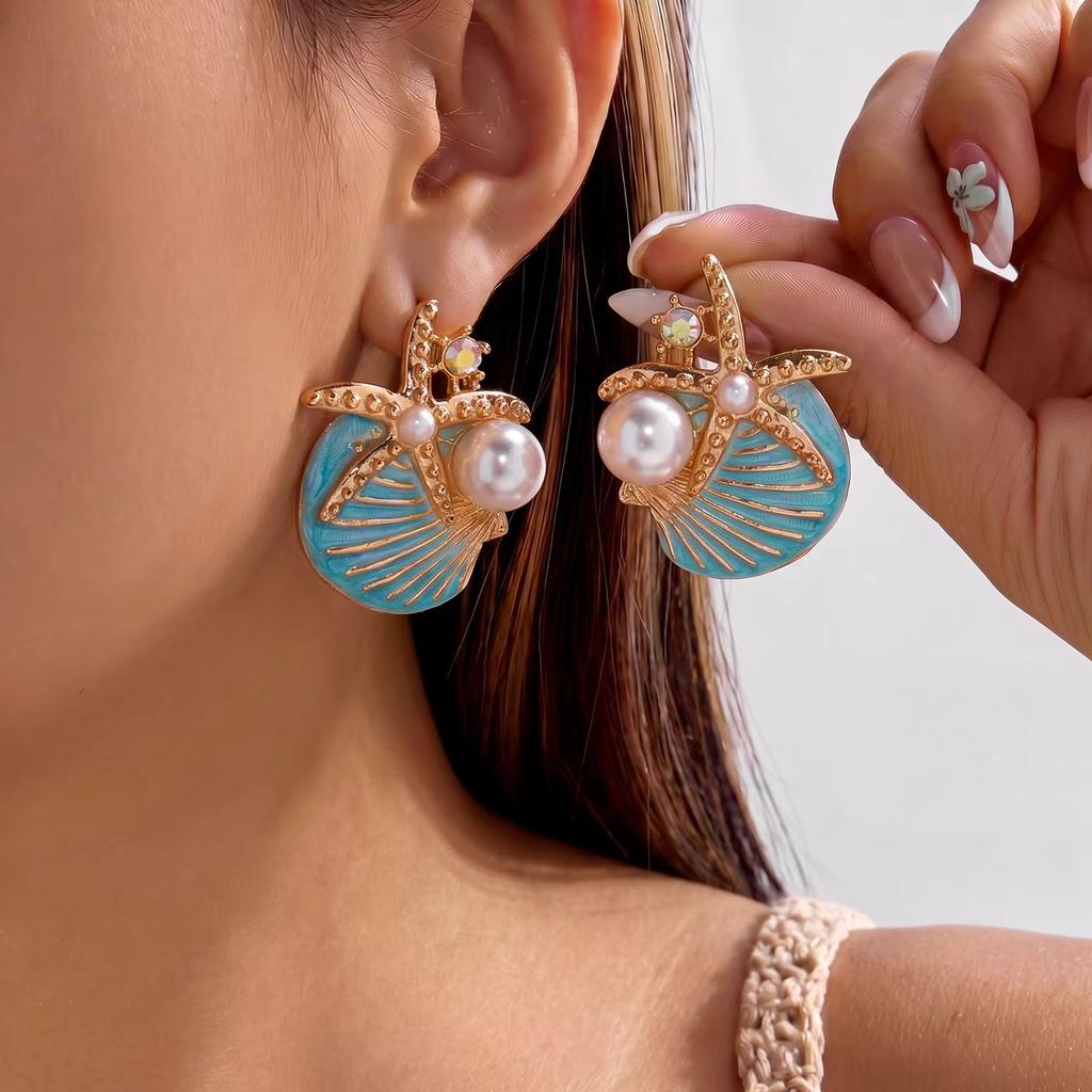 Ocean Exaggerated Shell Starfish Pearl Stud Earrings For Women Blue Textured Seashell Earring Girls Beach Party Vacation Jewelry