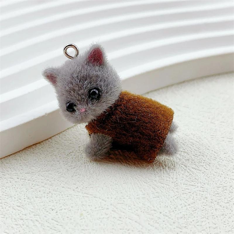 Dress Cat Pendant Cute 3D Hairy Flocking Animal Cat Charms Miniature Dolls Keychain Necklace Pendant DIY Crafts Jewelry Make