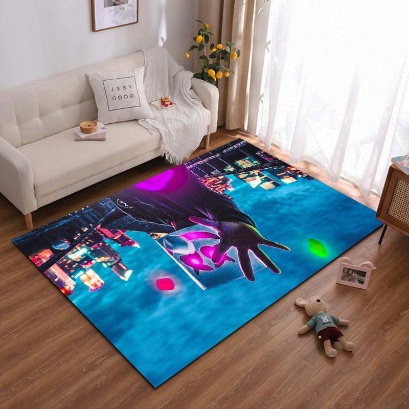 Colorful Neon Masked Figure with Cityscape Backdrop - Non-slip rug suitable for living room and bedroom sofas