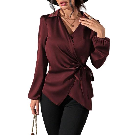 Damesblouse Kraag Lange Mouw Zijdelings Vetersluiting Taille Ontwerp Blouse Tops Slim Fit Effen Kleur Kantoor Damesblouse Feest Vakantie Kleding