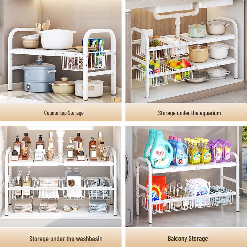 Retractable Under-Sink Tiered Shelf and Pot Storage Rack