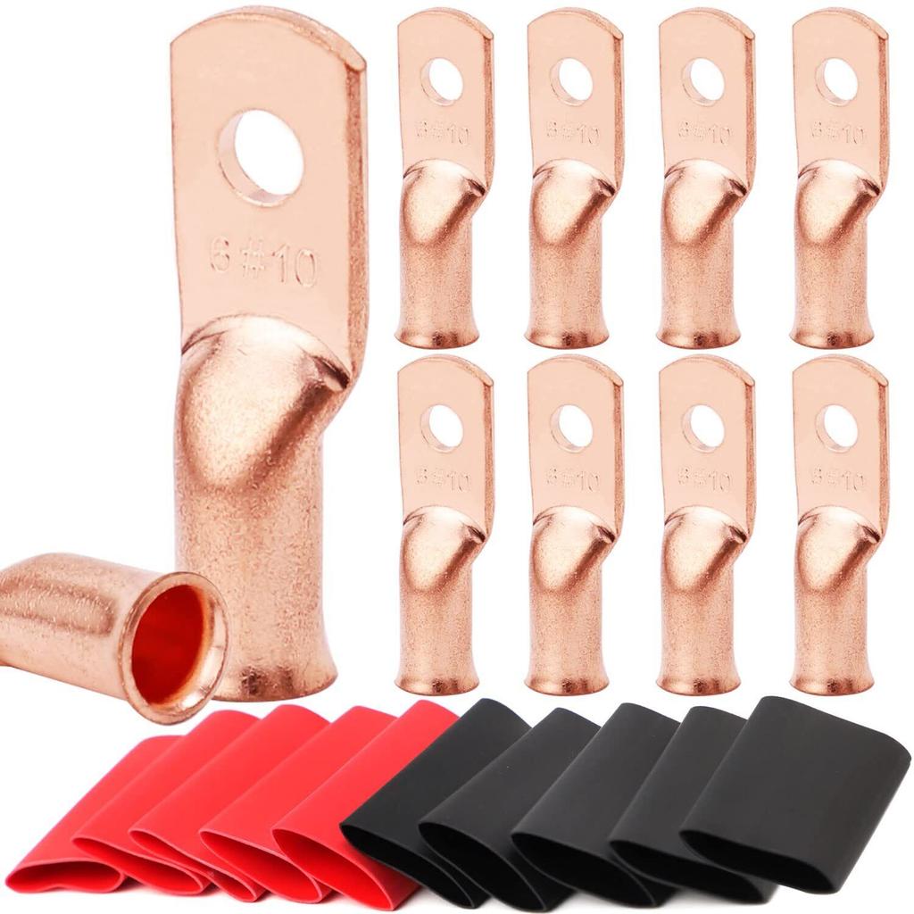 20pcs Copper Terminal Connectors, AWG 1/0 2/0 2 4 6 8 Ring Lug Kit With Shrink Tubing & Battery Cable Lugs