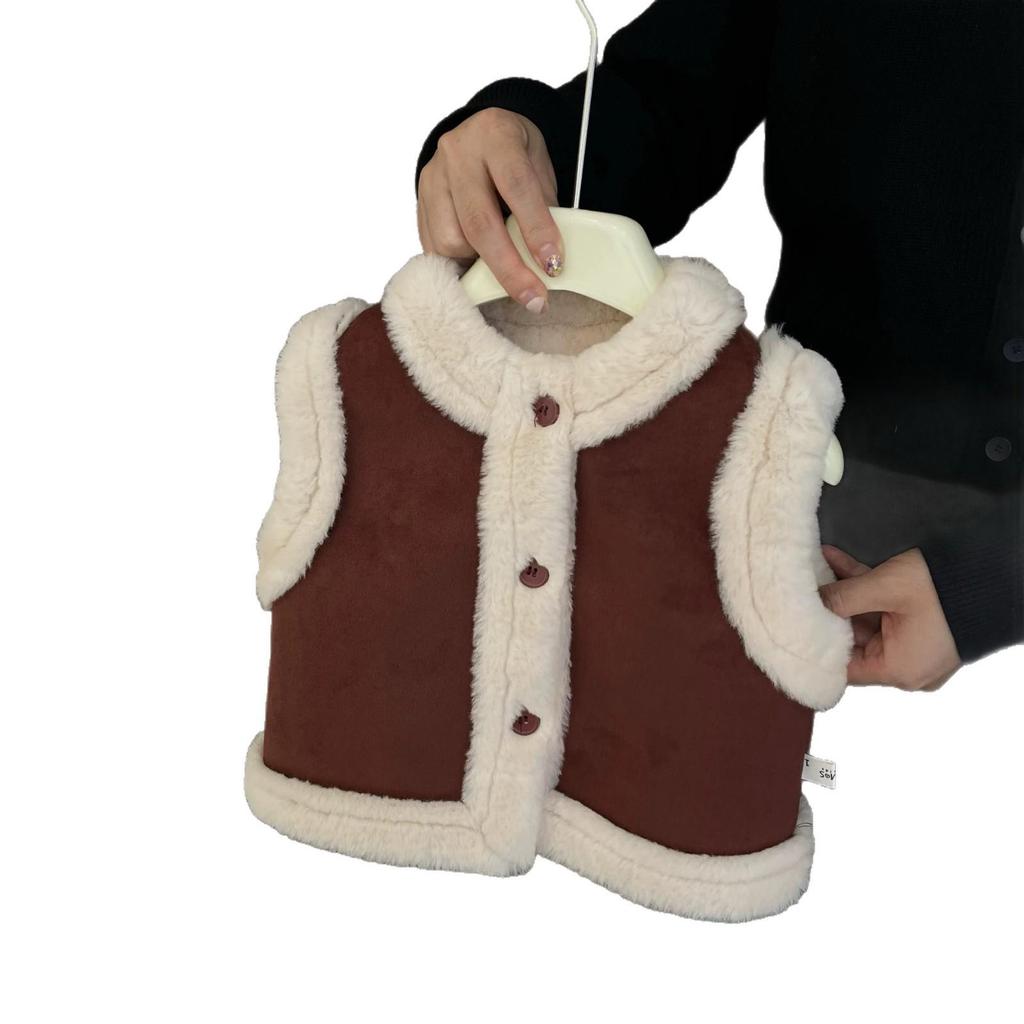 Chic Lambswool-Lined Suede Fleece Vest for Baby Girls - Winter Korean-Style Warmth