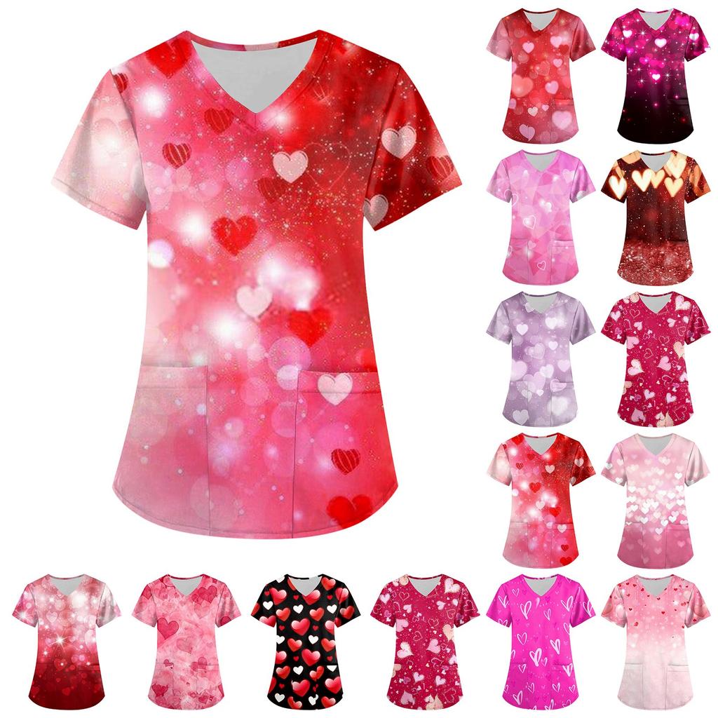 Women's Fashion V-neck Short Sleeve Workwear With Pockets Valentine's Day Printed Tops