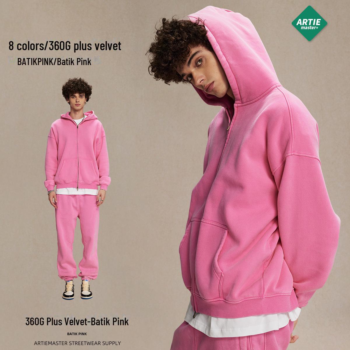

ARTIE Мужской свитер с капюшоном в стиле ретро-батик — свободный, стираный, на бархатной подкладке S розовый