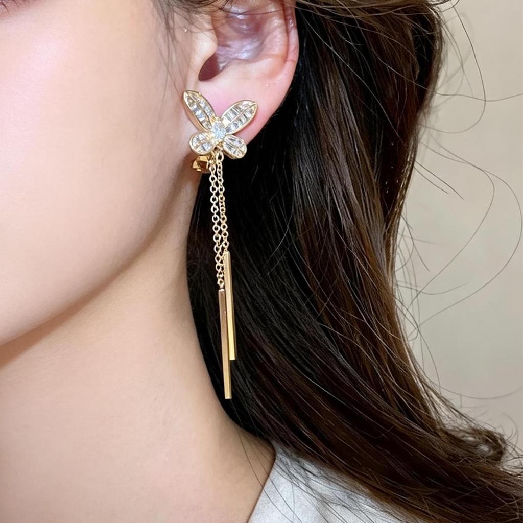 Gold-Plated Zircon Butterfly Tassel Ear Clip: Versatile, Luxurious Jewelry for Women