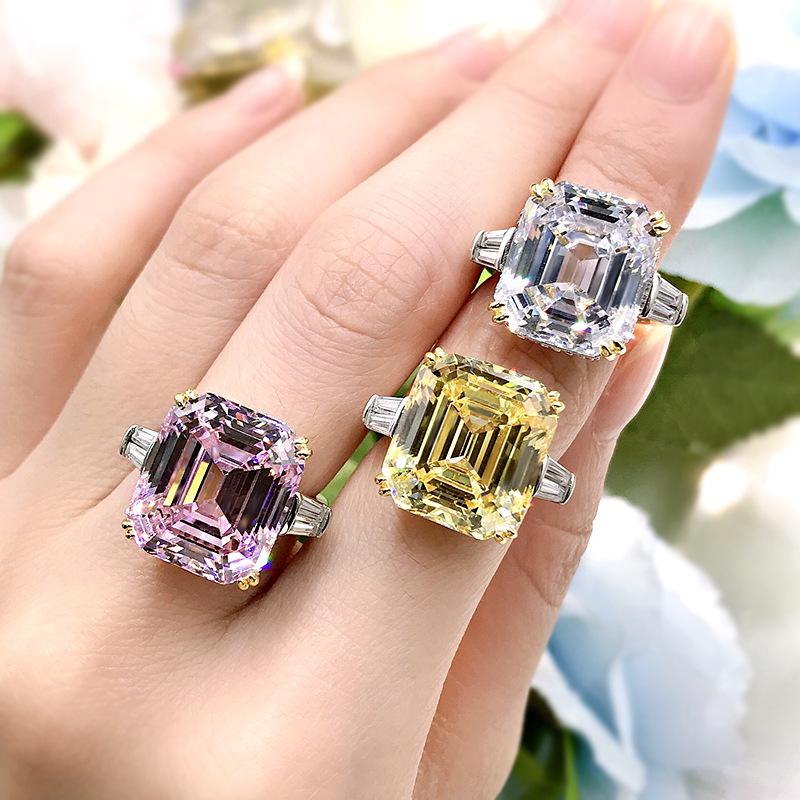 Lulu Tong S925 Silver Square Emerald-Cut Ring with Simulated High Carbon Diamond for Women