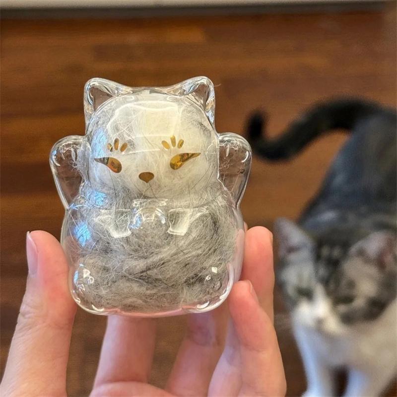 Transparent Cat Fur Keepsake Display, Glass Fortune Cat Bottle With Base, Mini Pet Memorial Storage Jar