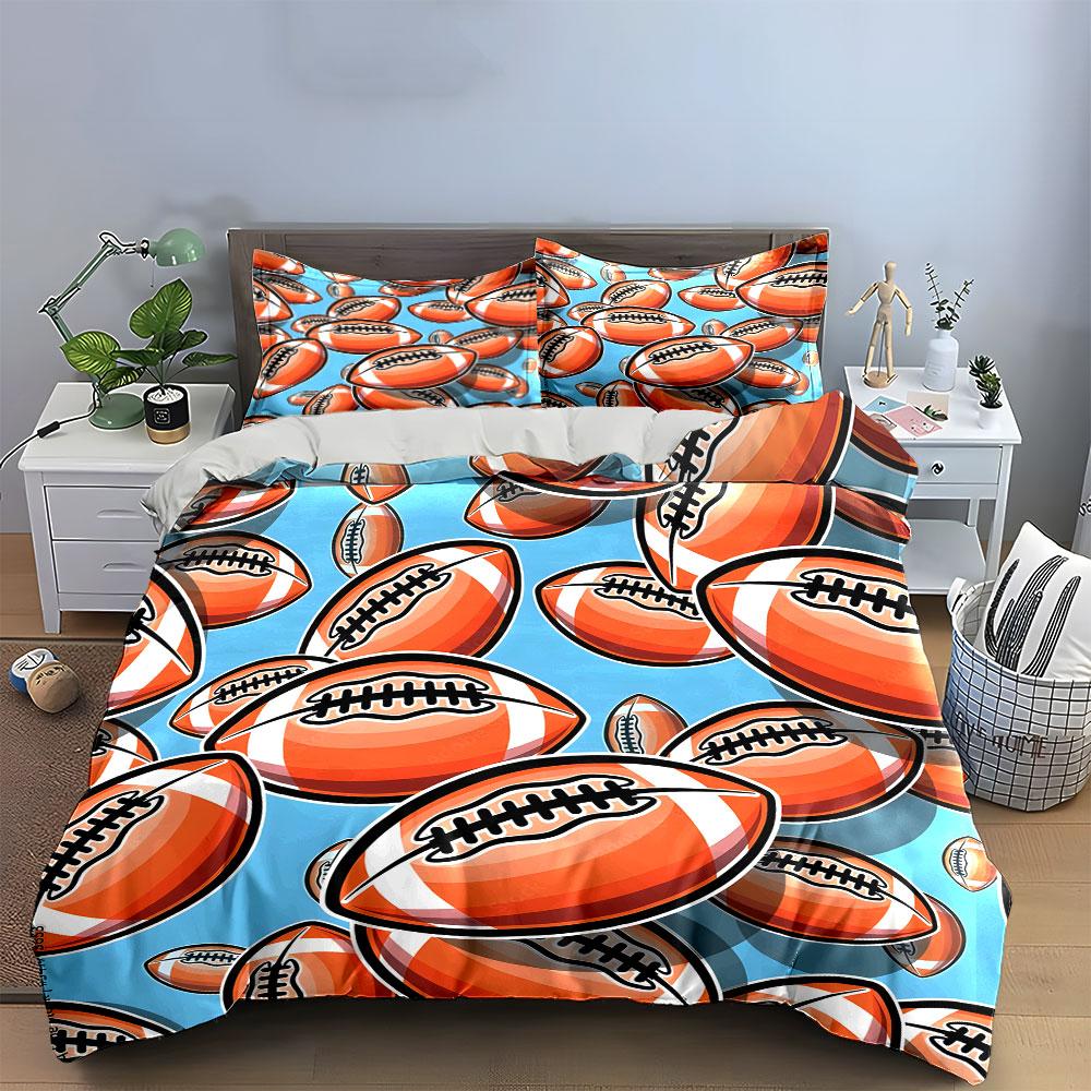 3Pcs Football Bedding Set, Cartoon American Football Pattern Print Duvet Cover + 2 Pillowcases, Sports Fan Decor, Great Gifts