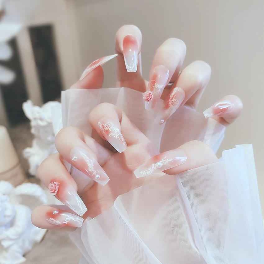 24Pcs Pink Silver Glitter Diamond Fake Nails Long Ballerina Press On Nails Reusable False Nail Tips Set
