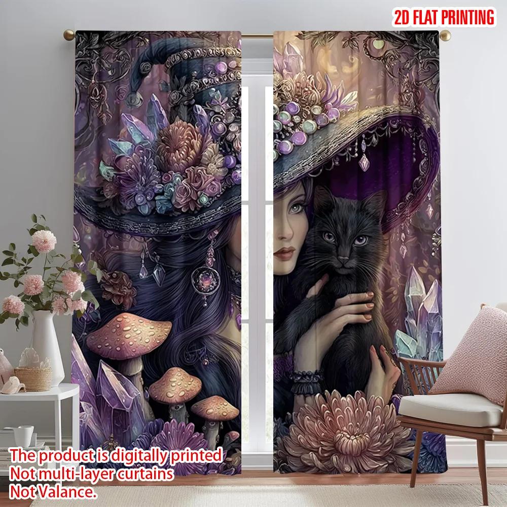 2pcs, plane printing Pattern Curtains Mysterious Witch with Cat and Mushroom Durable Polyester (without rod) All Seasons Ldeal