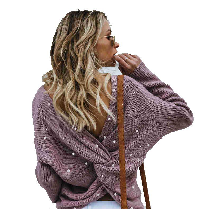 European Fashion Batwing Sleeve Knit Sweater with Cross Back Design for Women