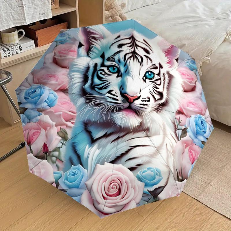 

1pc White Tiger Roses Automatic Open/Close Umbrella, 8-Rib Sturdy Frame, Umbrella for Travel, Everyday, Formal Events yy251126064